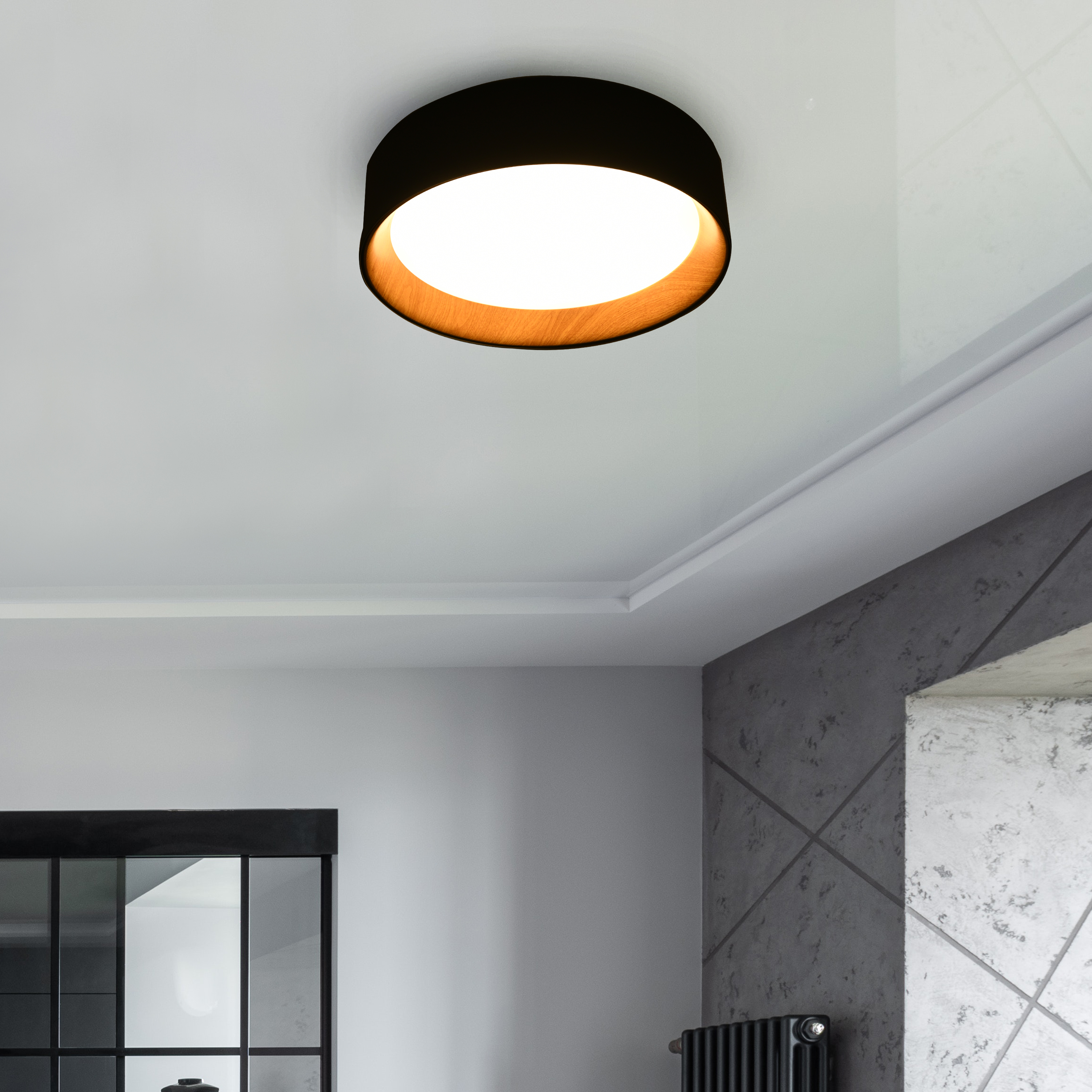 LED Flush Mount Light, Matte Black and Wood Painted Accent (8033/a 500mm)